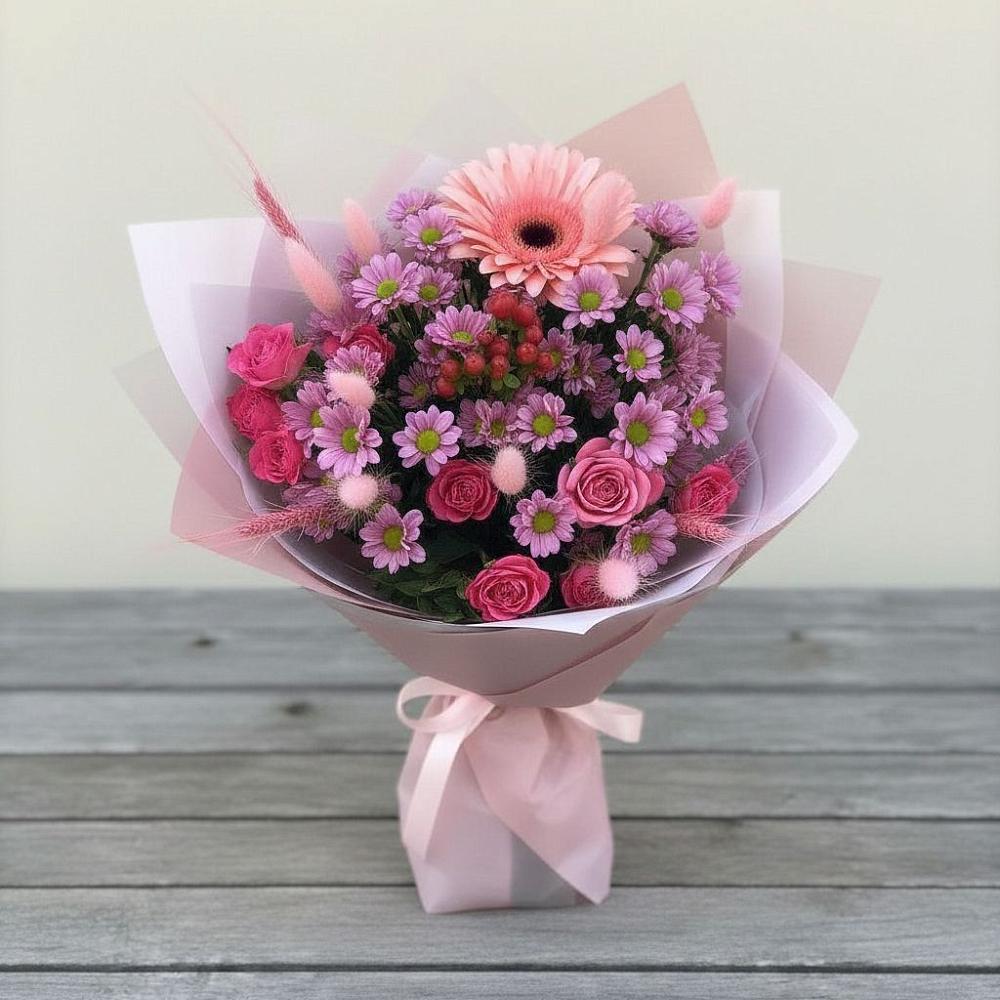 Букет цветов из: Розы, Герберы и Хризантемы в Обозерском