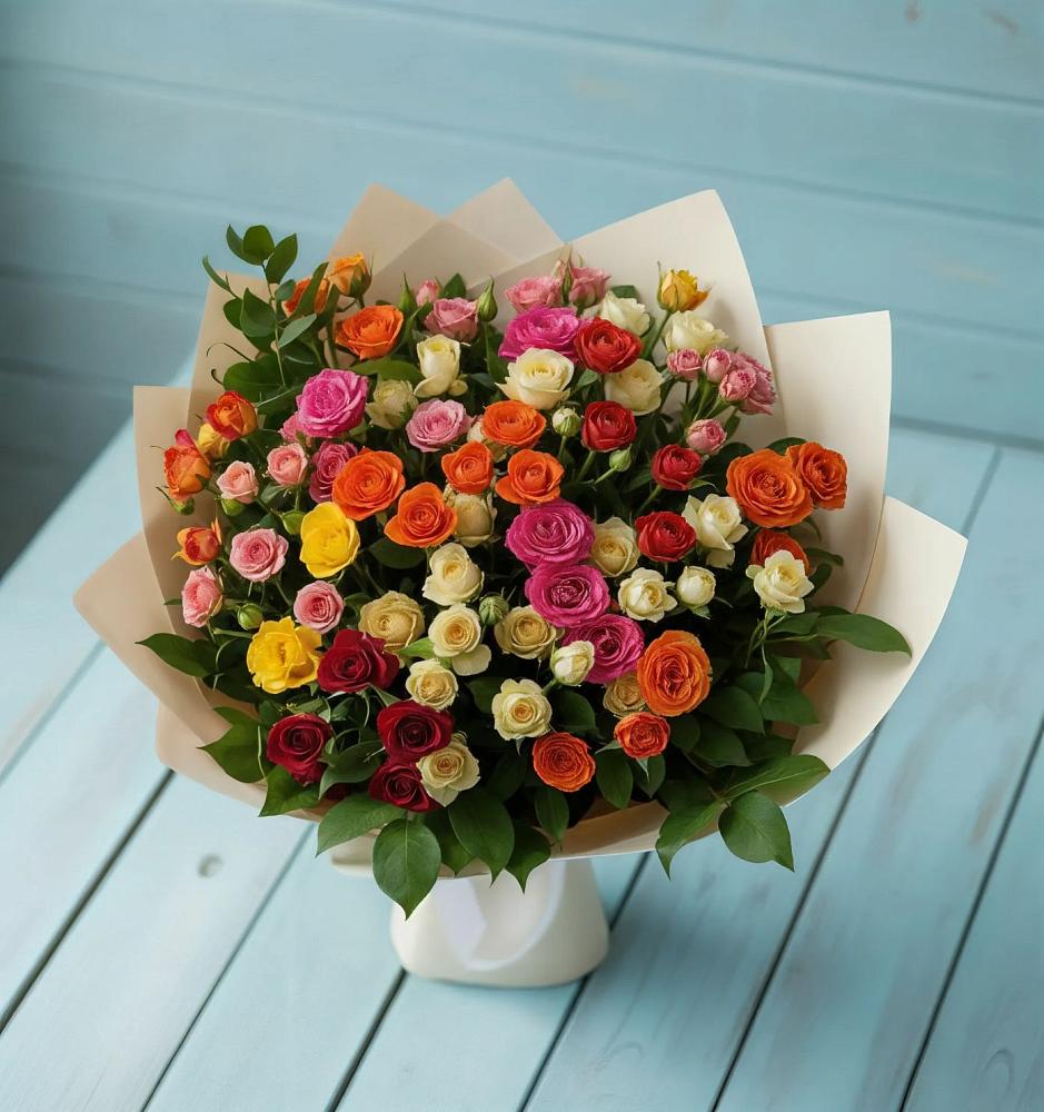 Букет Микс из разноцветных кустовых роз в Обозерском