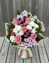 Букет цветов из:  Альстромерии, Гвоздики, Розы и Хризантемы в Обозерском