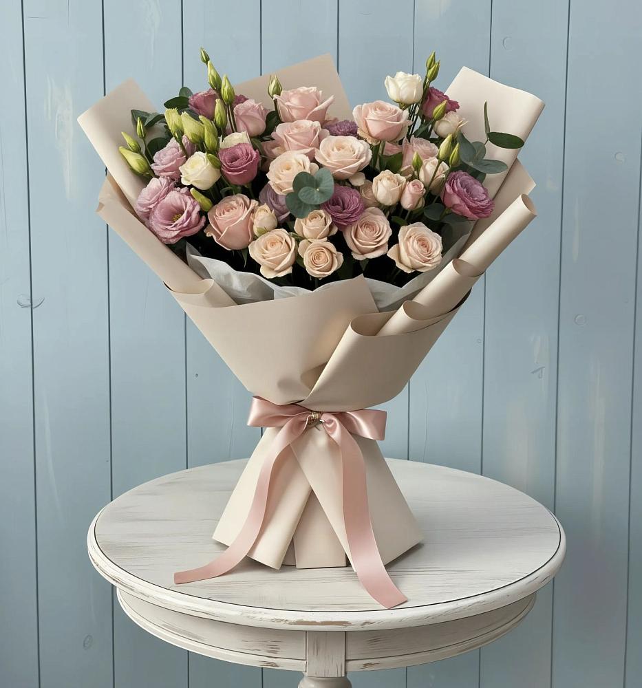 Букет цветов из: Розы и Лизиантусы в Обозерском